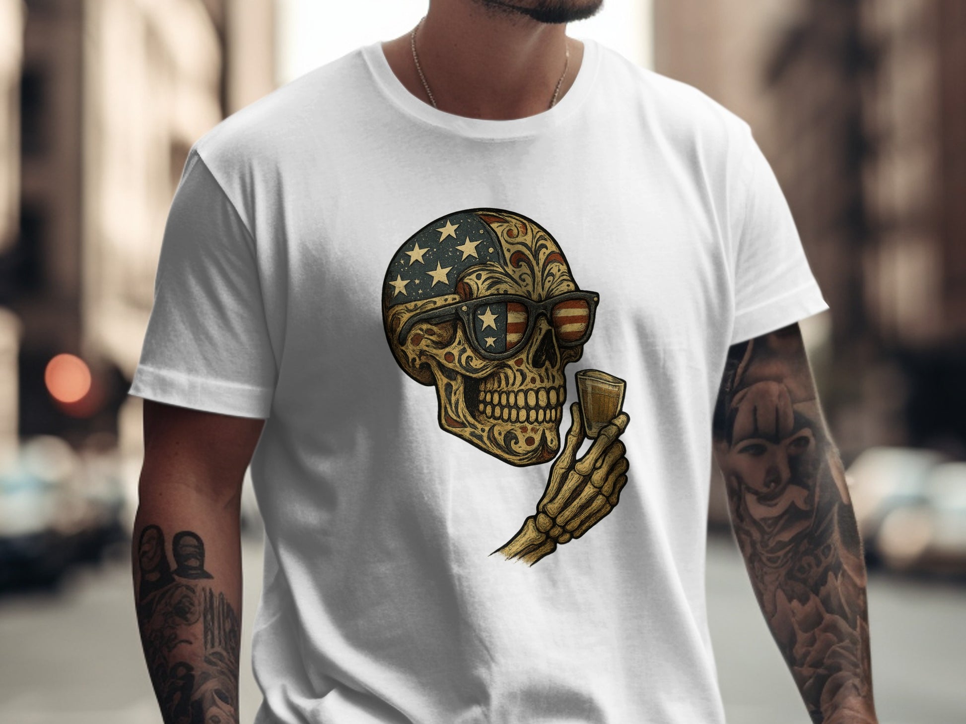 Patriotic Skull with Sunglasses Drinking Design T-Shirt product