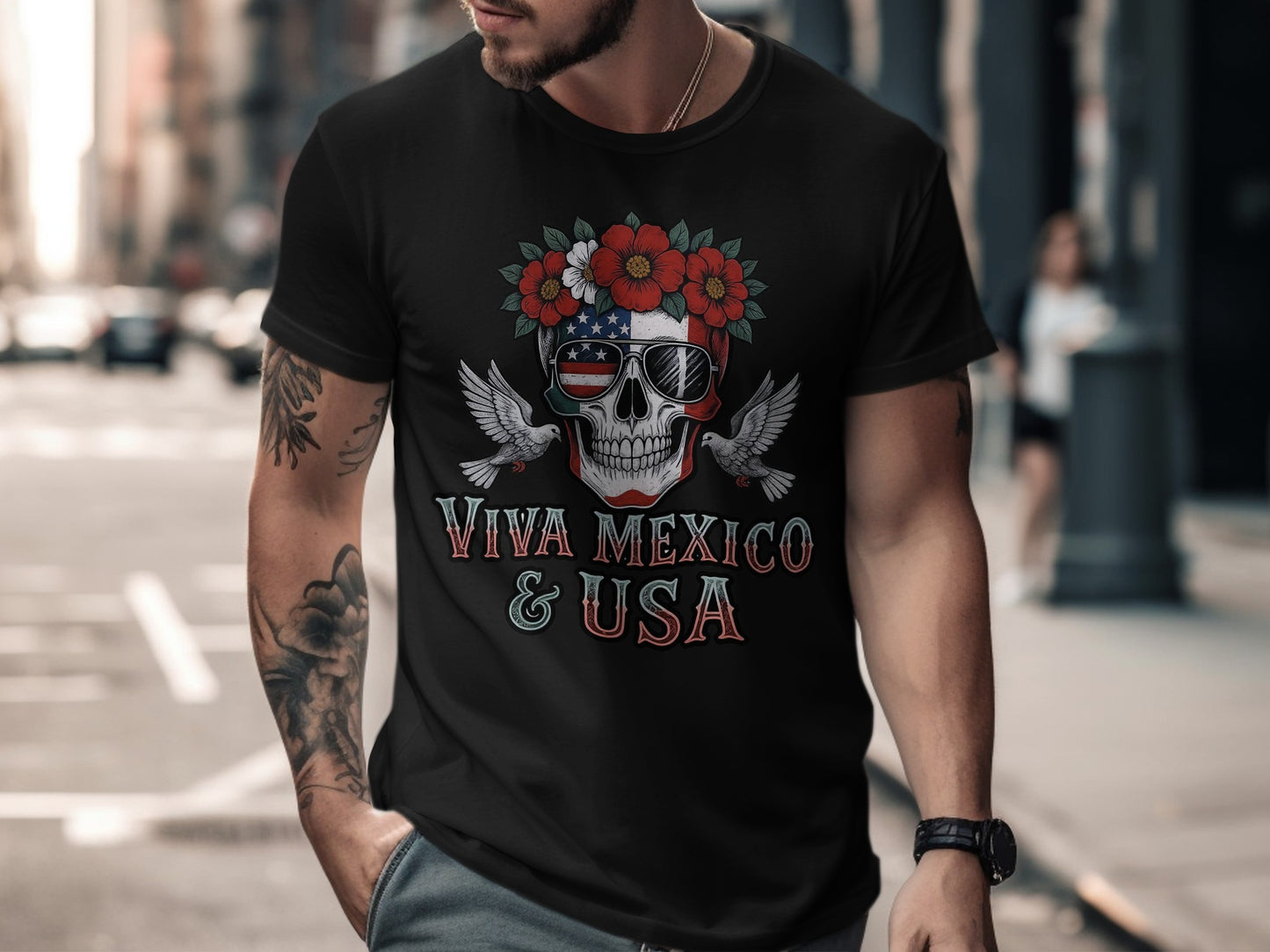 Viva Mexico and USA Skull Design T-shirt product