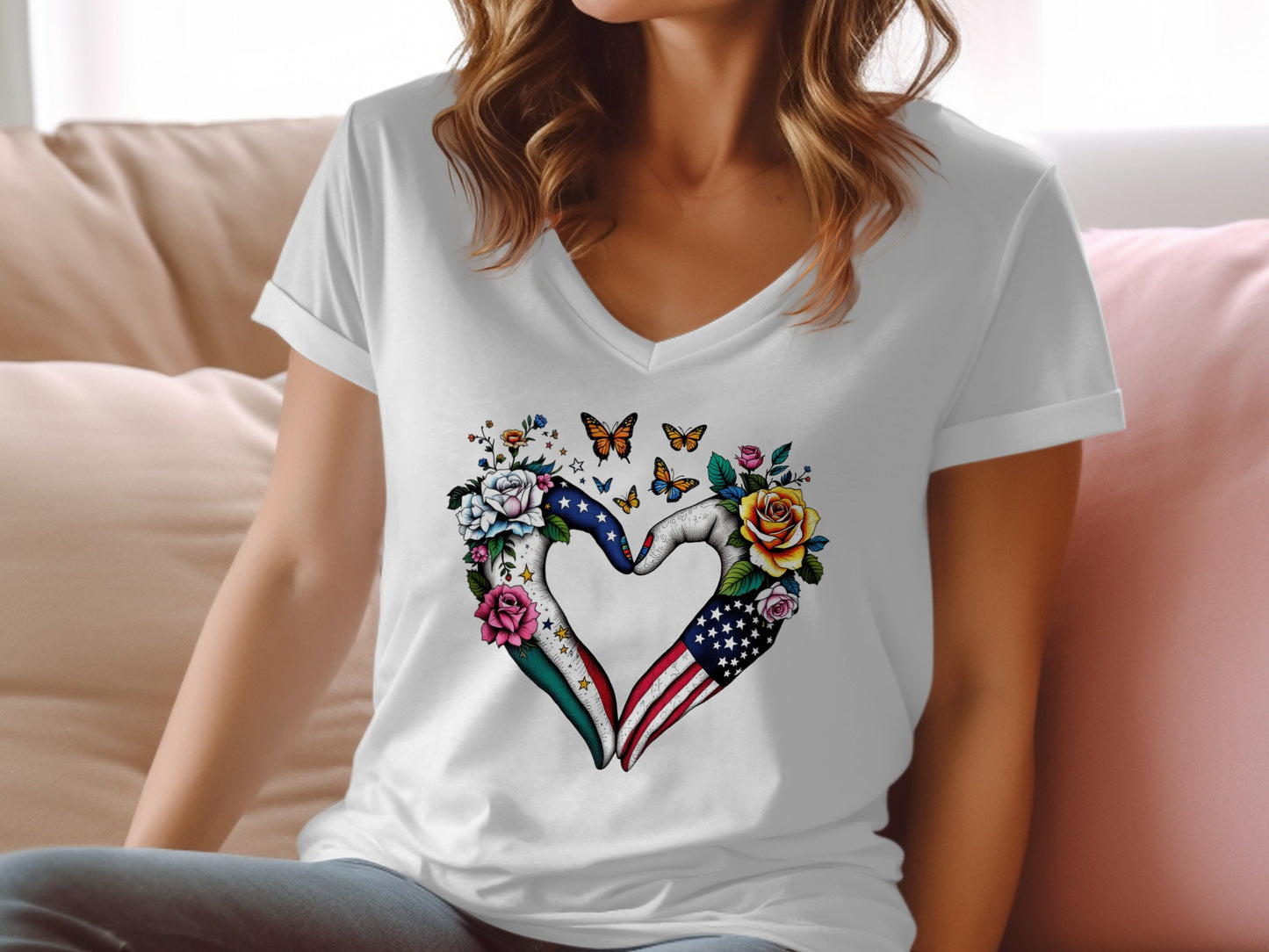 Butterfly and Floral Heart Design T Shirt product type