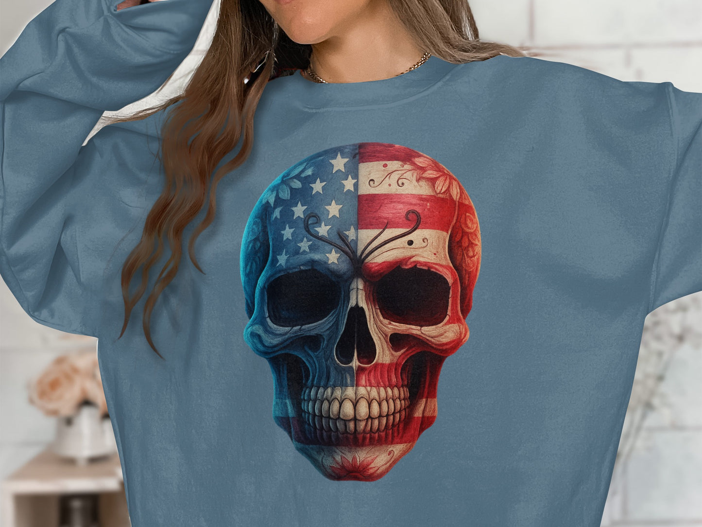 Patriotic Skull Graphic Crewneck Long Sleeve Shirt product