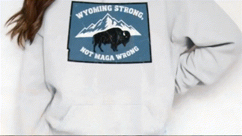 A person wearing a white sweatshirt with a graphic design featuring a black buffalo on a blue background.