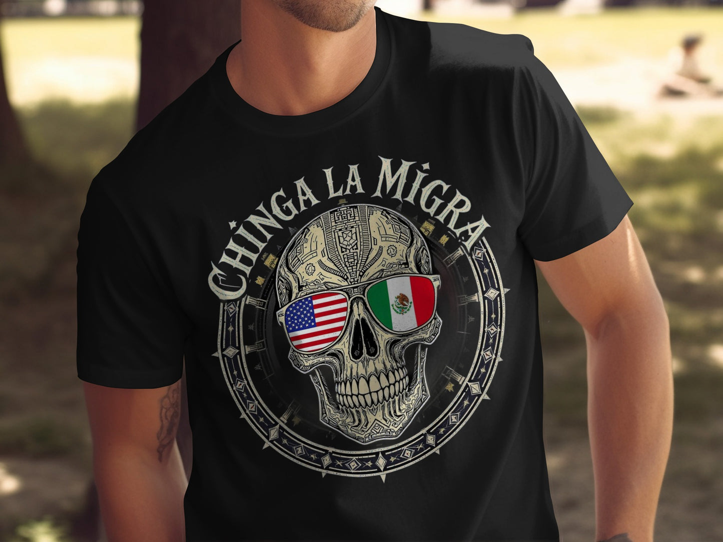 Chinga la Migra Skull with Flags Design T-shirt product