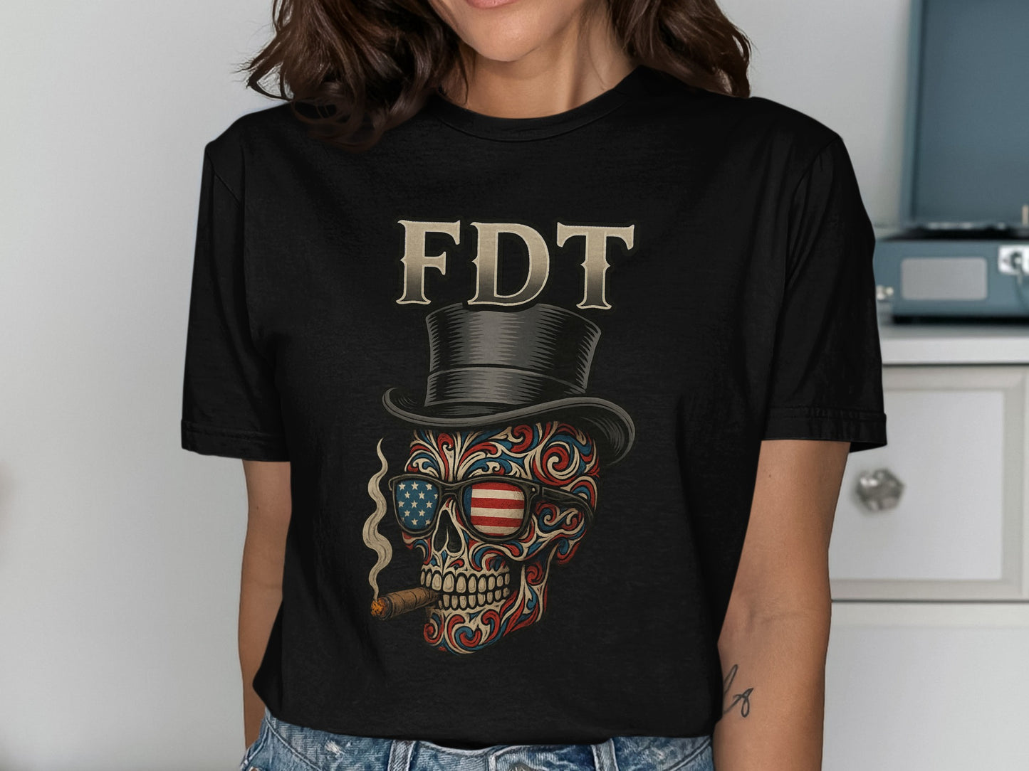 Artistic Skull with Top Hat and Sunglasses T-shirt product