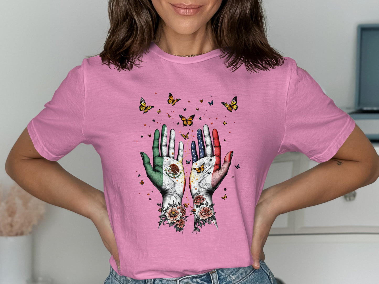 Vibrant Butterfly and Flag Hands Graphic T-Shirt product type