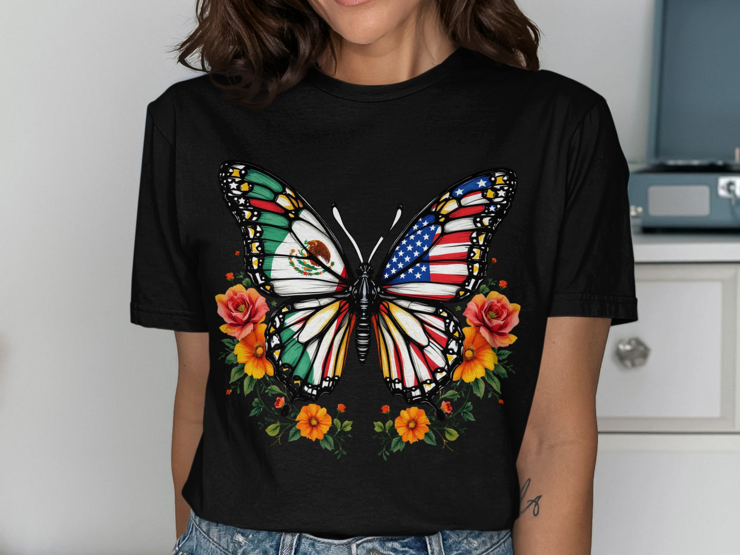 Butterfly Mexican American Flag Graphic product type