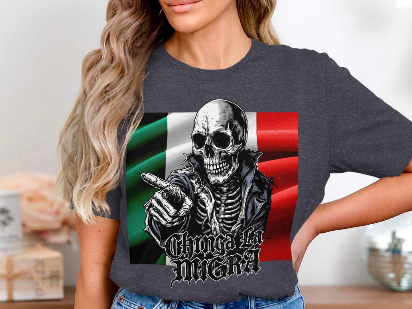 Skull Pointing Chinga La Migra Graphic Tee product type