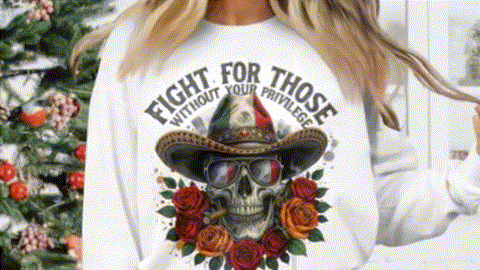 A woman wearing a white sweatshirt with a graphic design of a skull wearing a cowboy hat and surrounded by flowers.