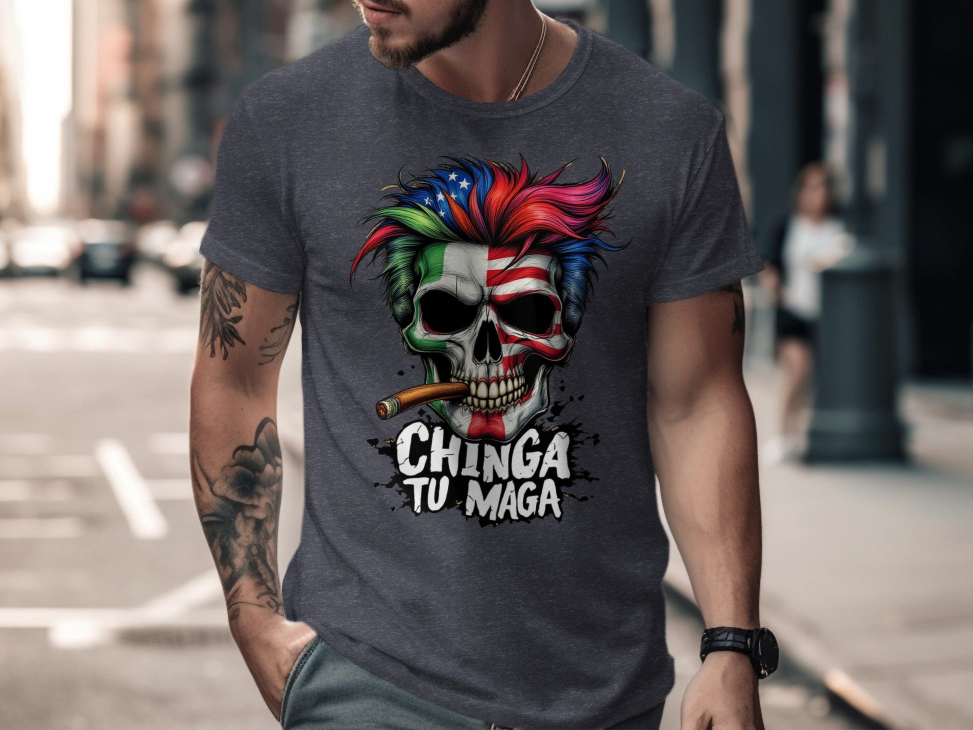 Colorful Skull Design Chinga Tu Maga T Shirt product type