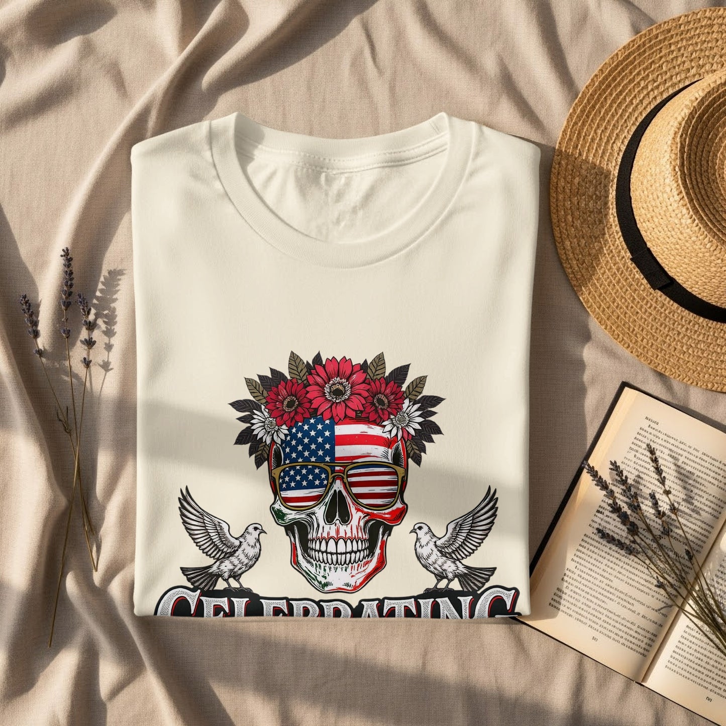 Celebrating Skull With Flowers And Doves T-shirt Product