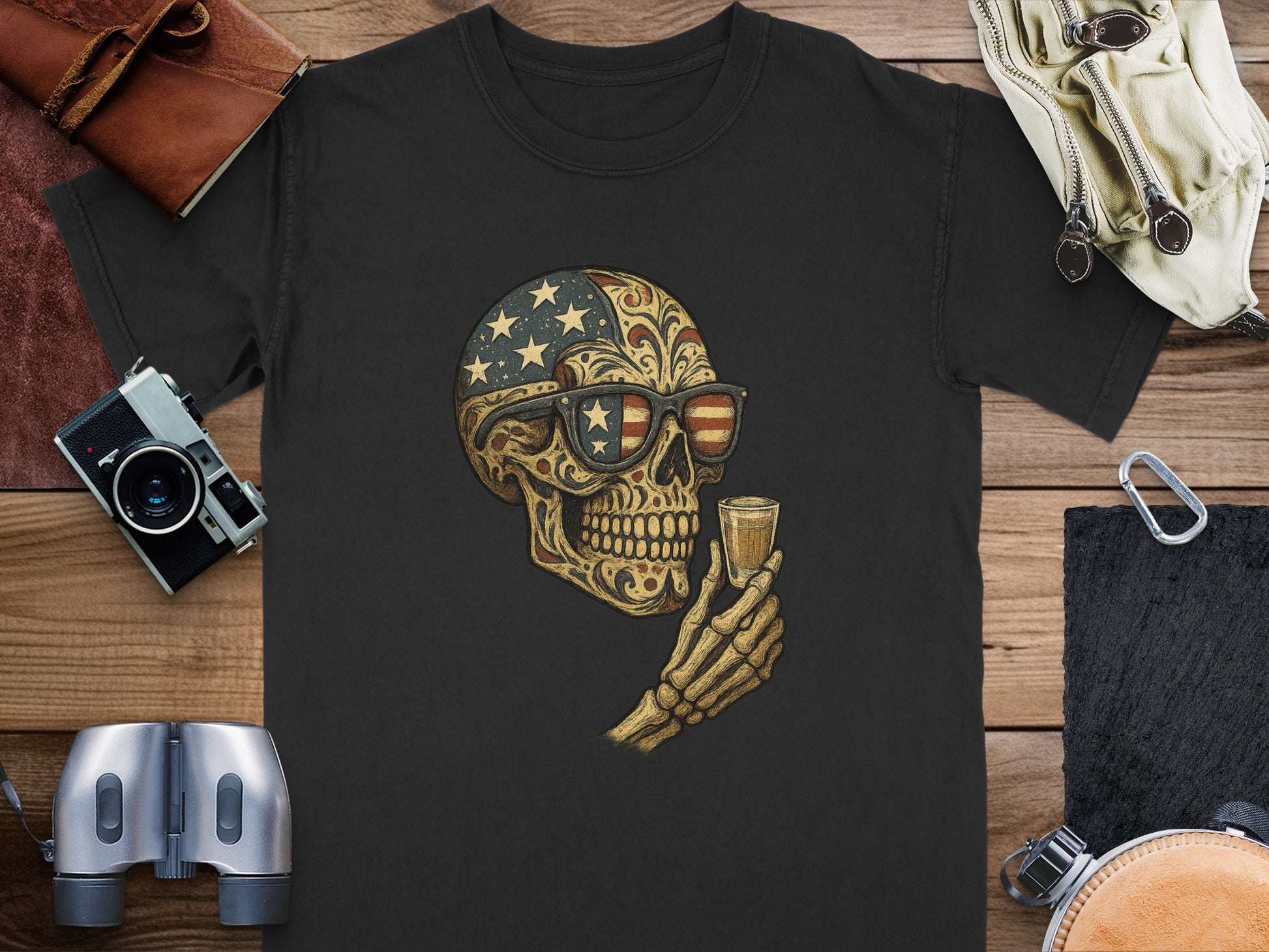 Patriotic Skull with American Flag Sunglasses T-shirt product