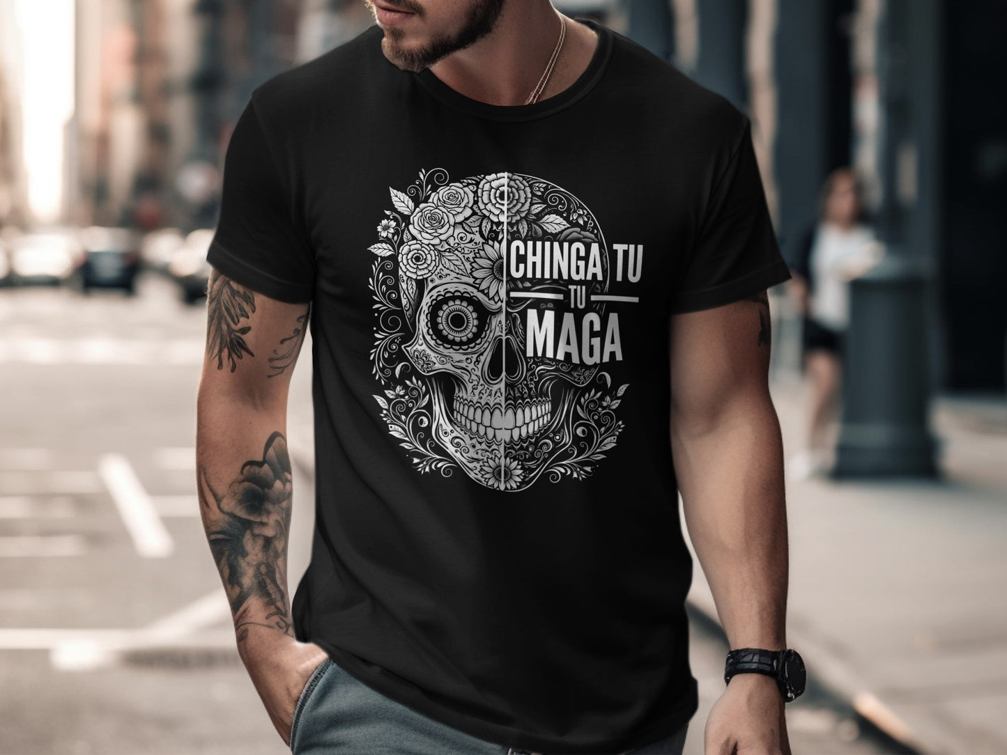 Bold Sugar Skull Graphic Chinga Tu Maga T-Shirt product type