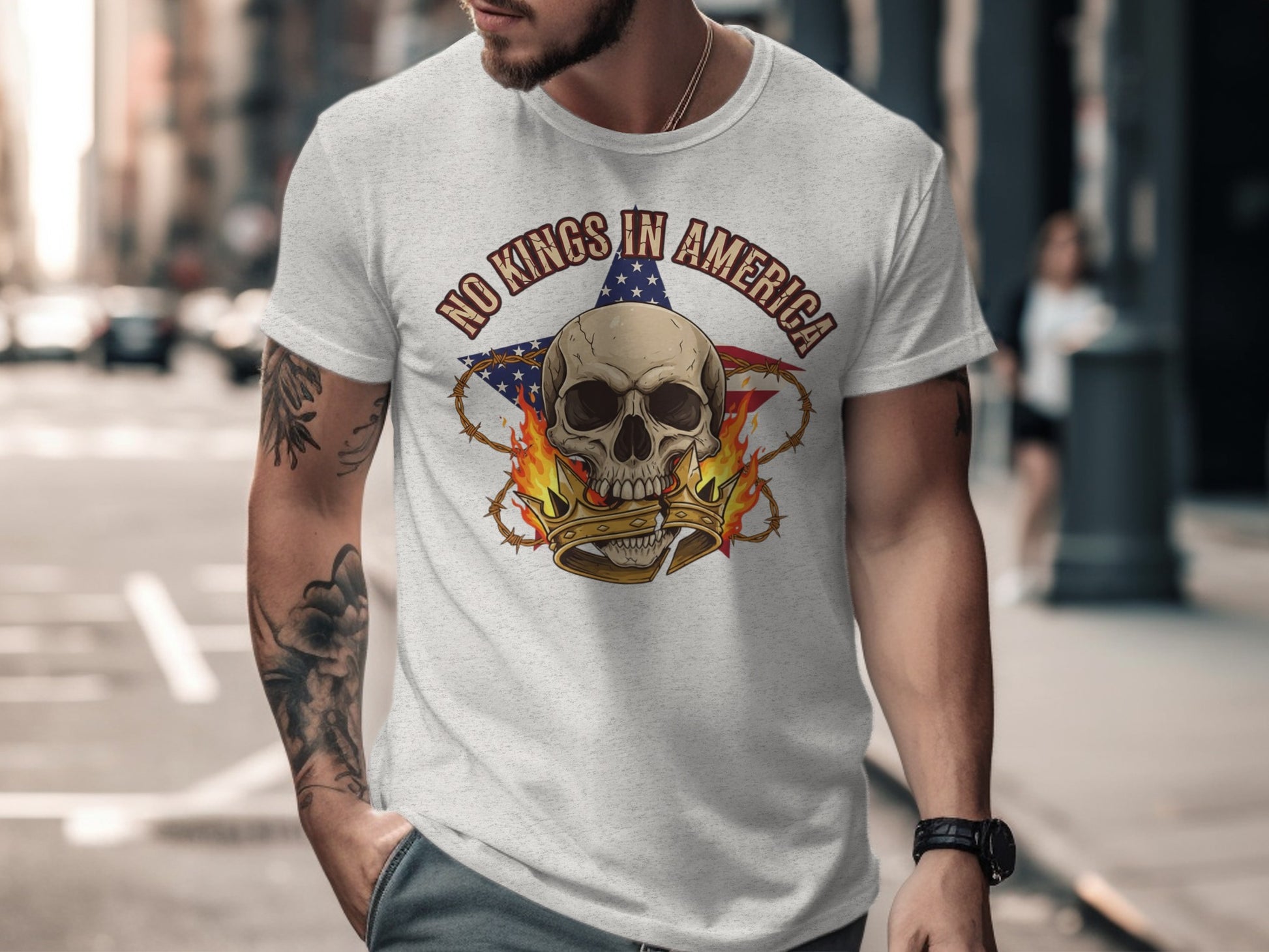 No Kings In America Skull Graphic Tee Shirt