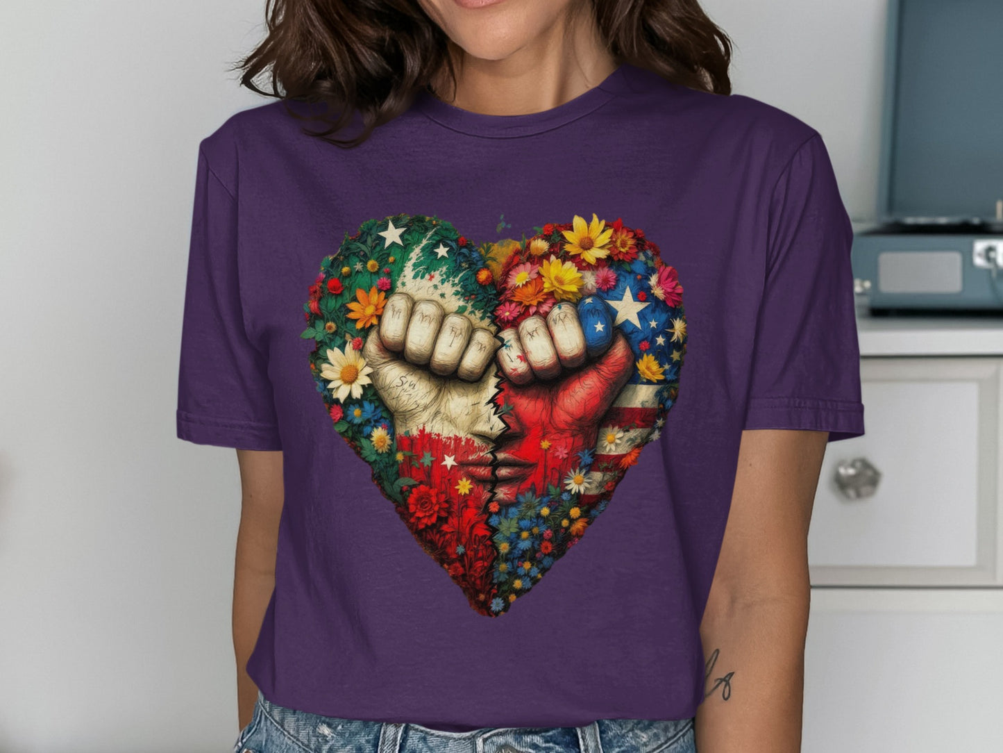 Colorful Heart Fists and Flowers Design Graphic T-shirt product type