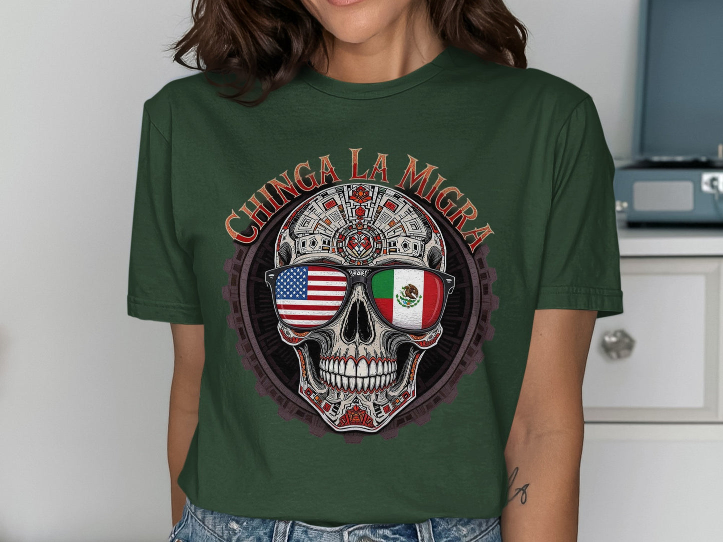 Chinga La Migra Skull Design Graphic Tee Shirt product