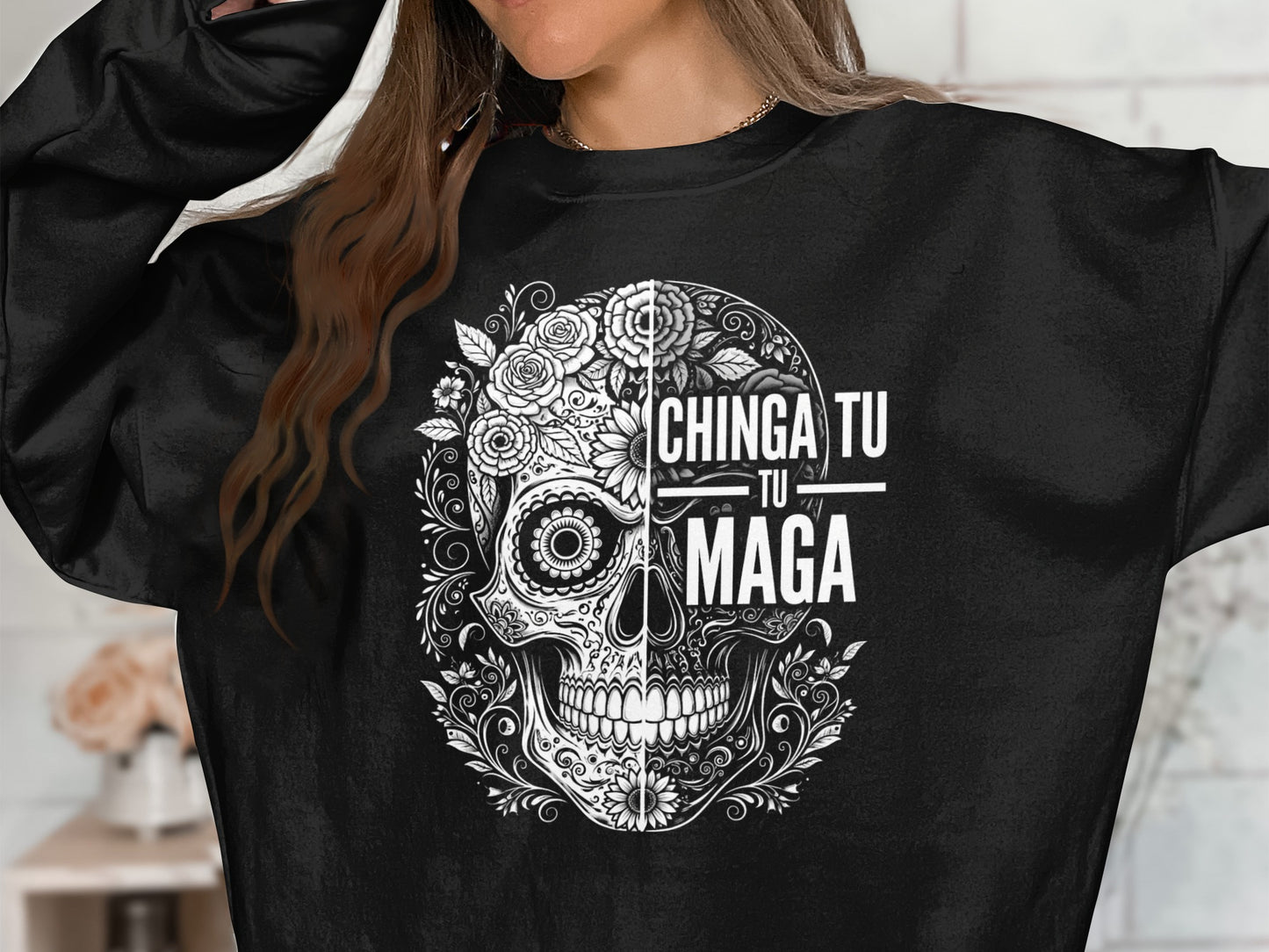 Chinga Tu Maga Skull Graphic Black Sweatshirt product