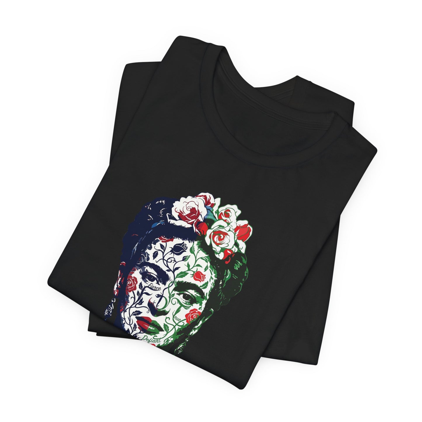 Black t-shirt featuring a colorful portrait of Frida Kahlo with floral accents.