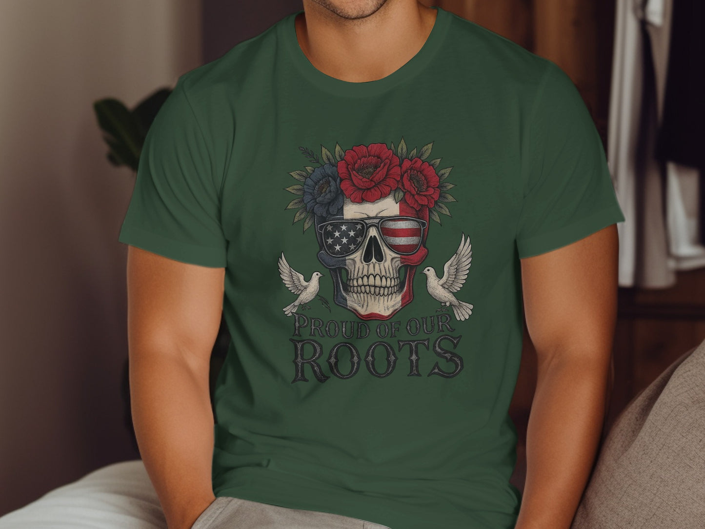 Proud of Our Roots Skull American Flag T-Shirt product