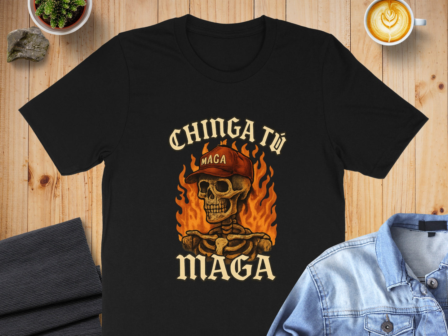 Chinga Tu MAGA Skull and Flames Graphic T-shirt product