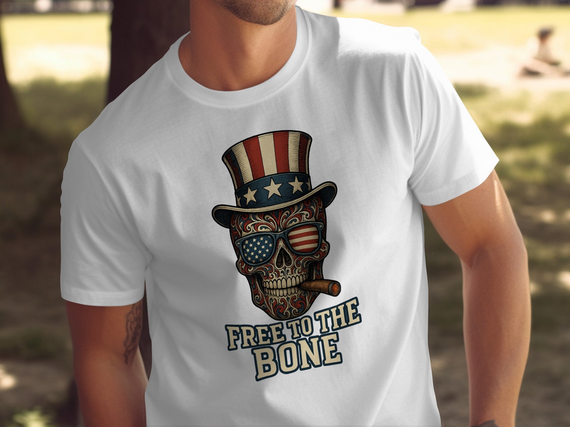 Free to the Bone Skull Design Patriotic T-Shirt Product