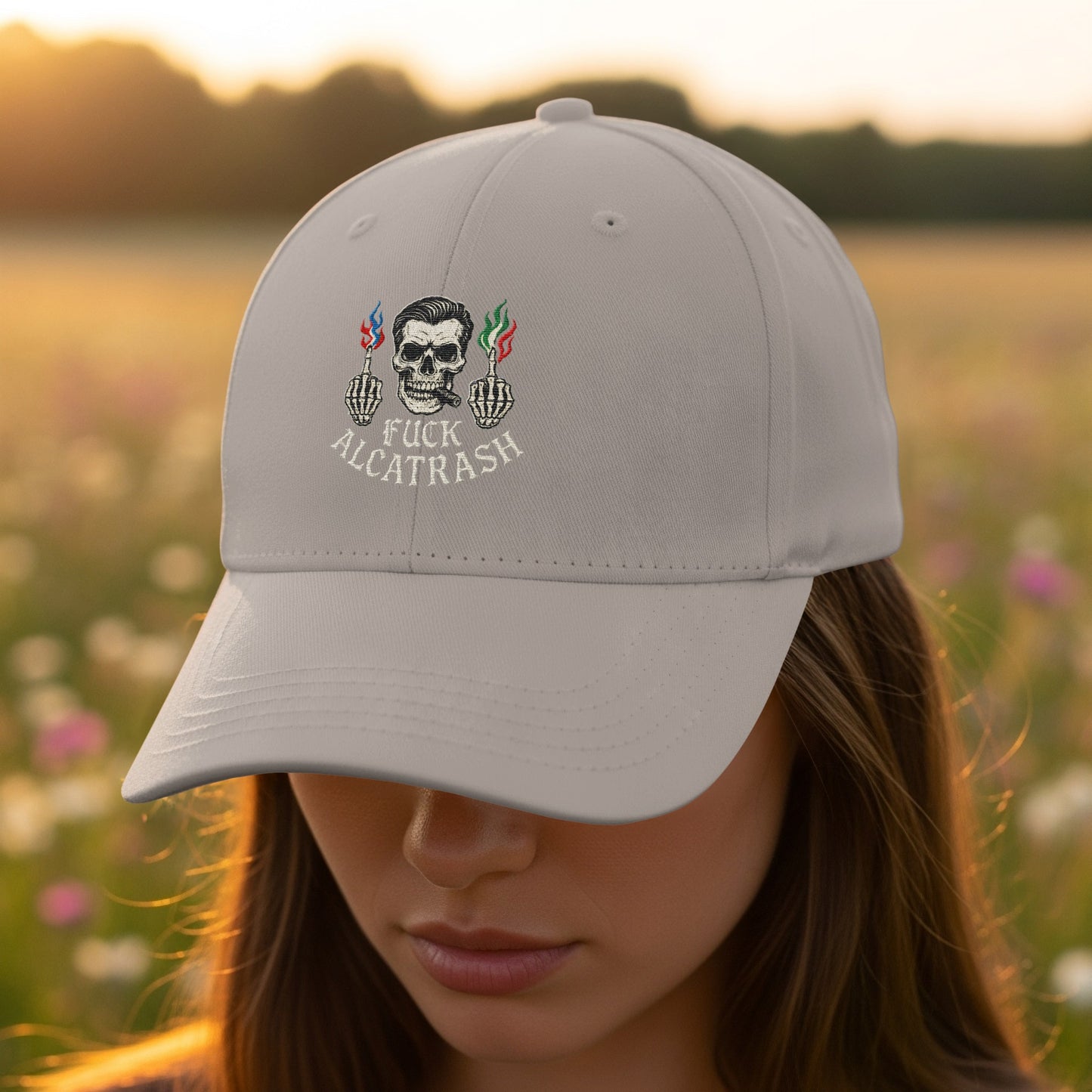 Fuck Alcatrash Embroidered Skull and Flames Hat product