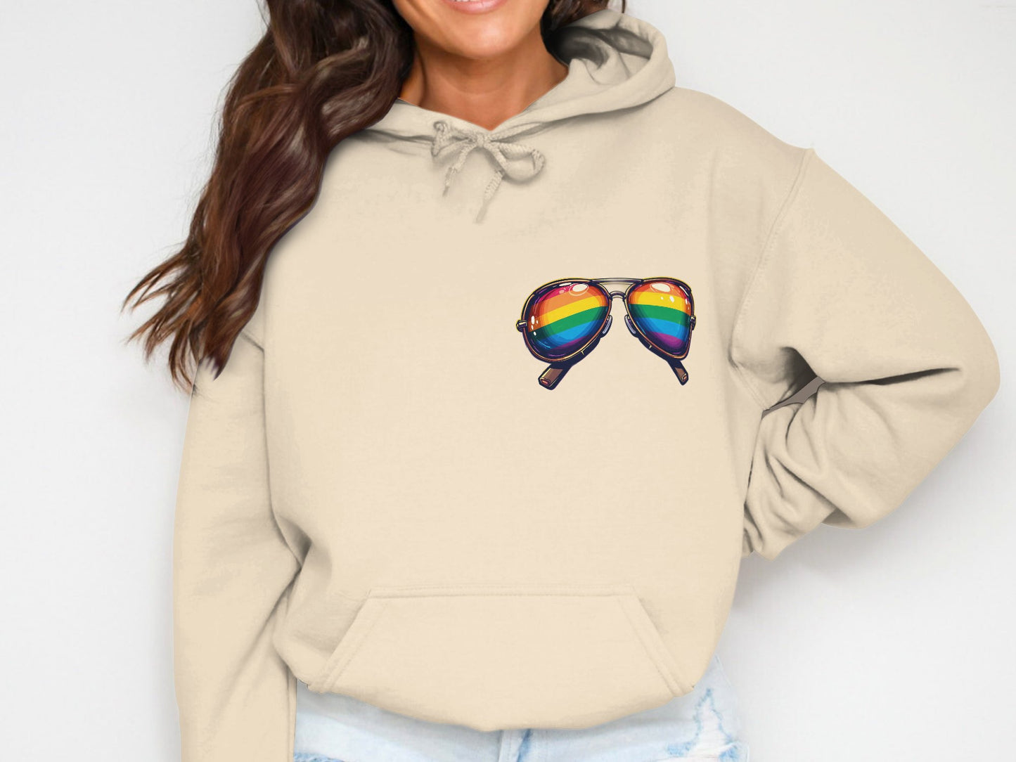 Rainbow Sunglasses Graphic on Beige Hoodie product