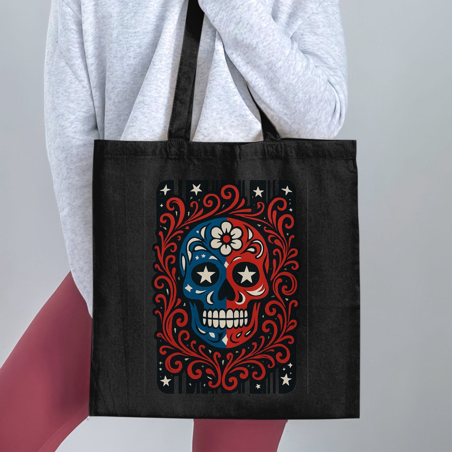Colorful Sugar Skull Design on Tote Bag product type