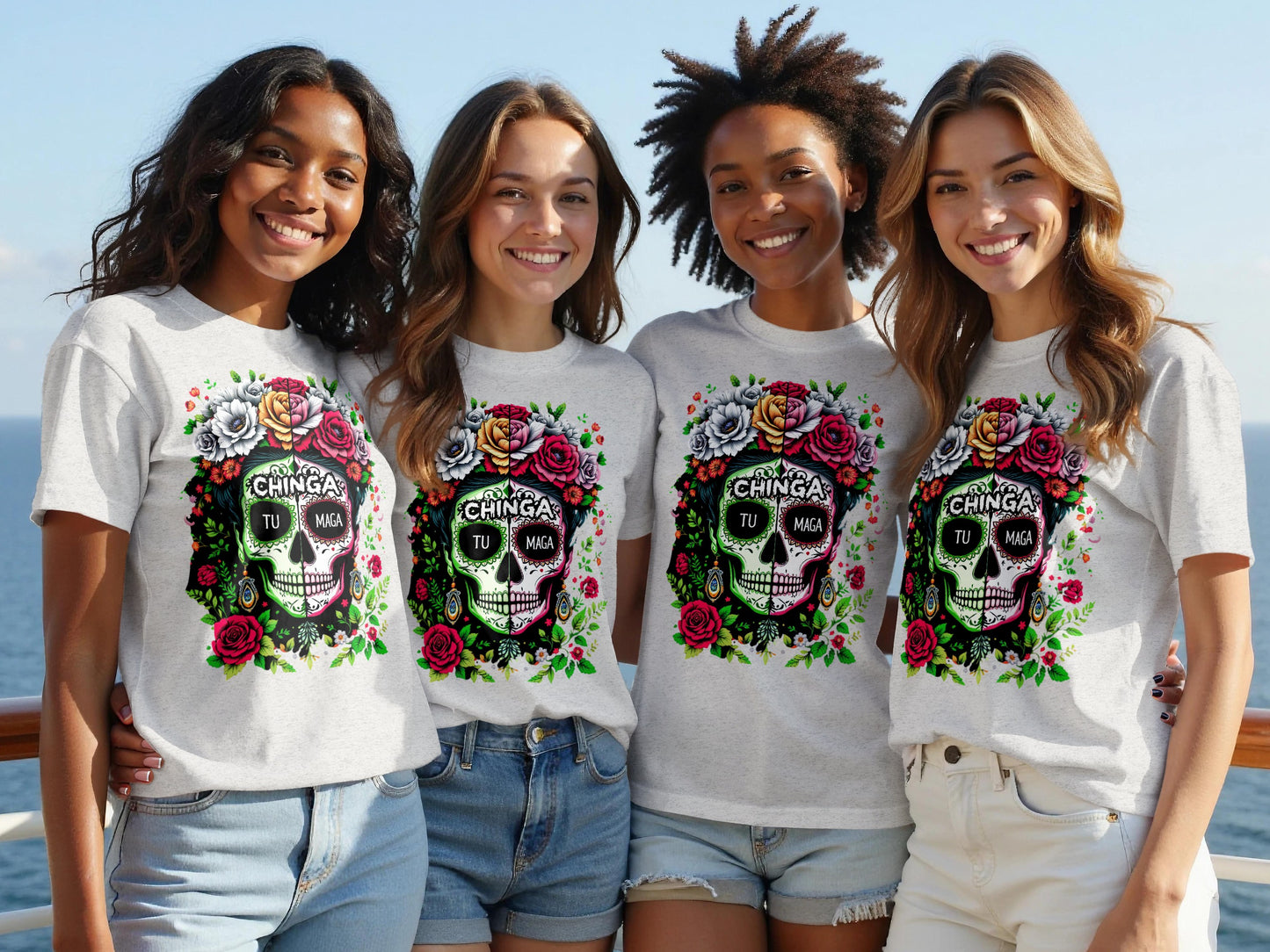 Vibrant Skull and Roses Graphic Print T-Shirt product type