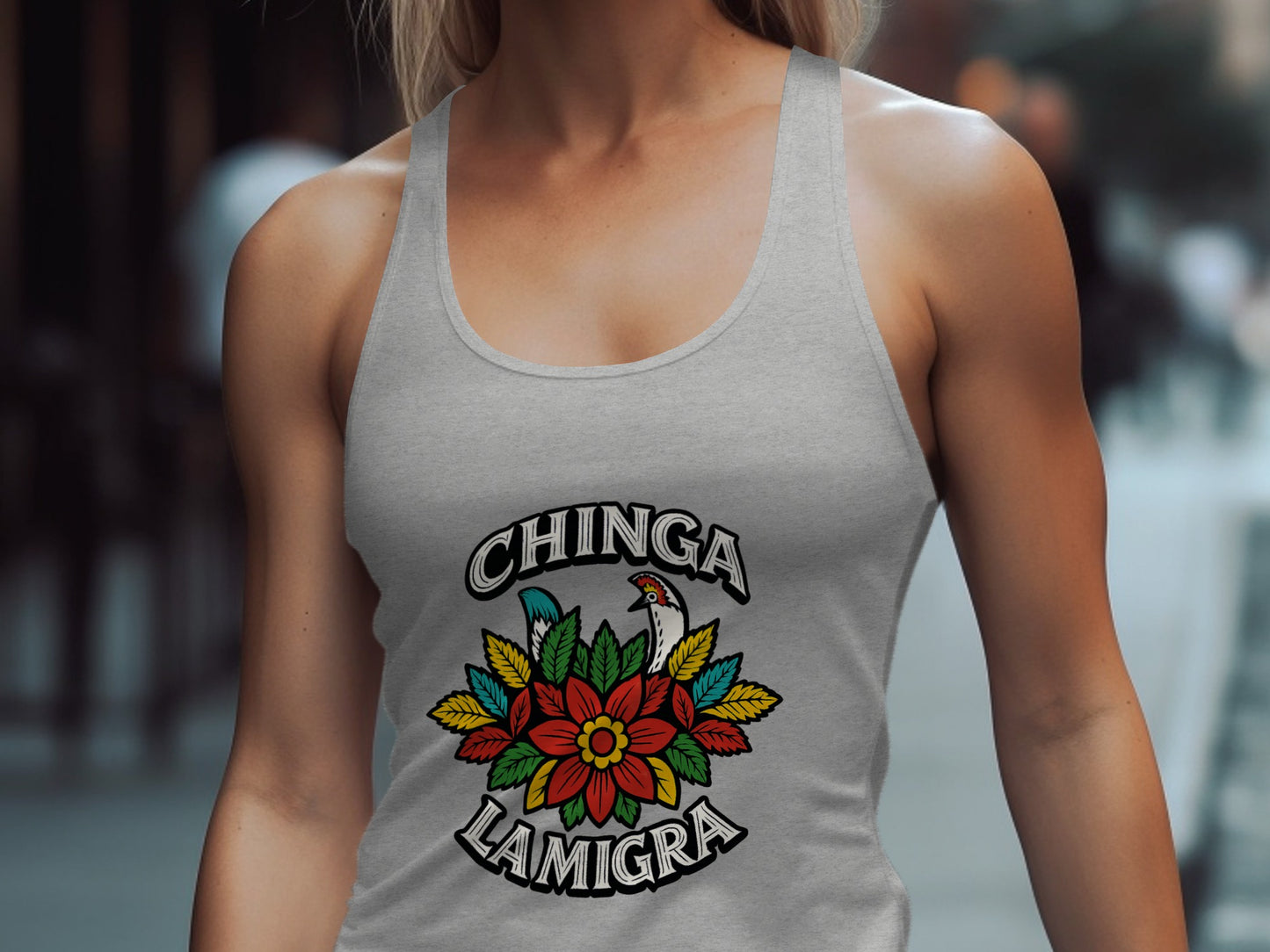 Chinga La Migra Tank Top with Colorful Floral Product