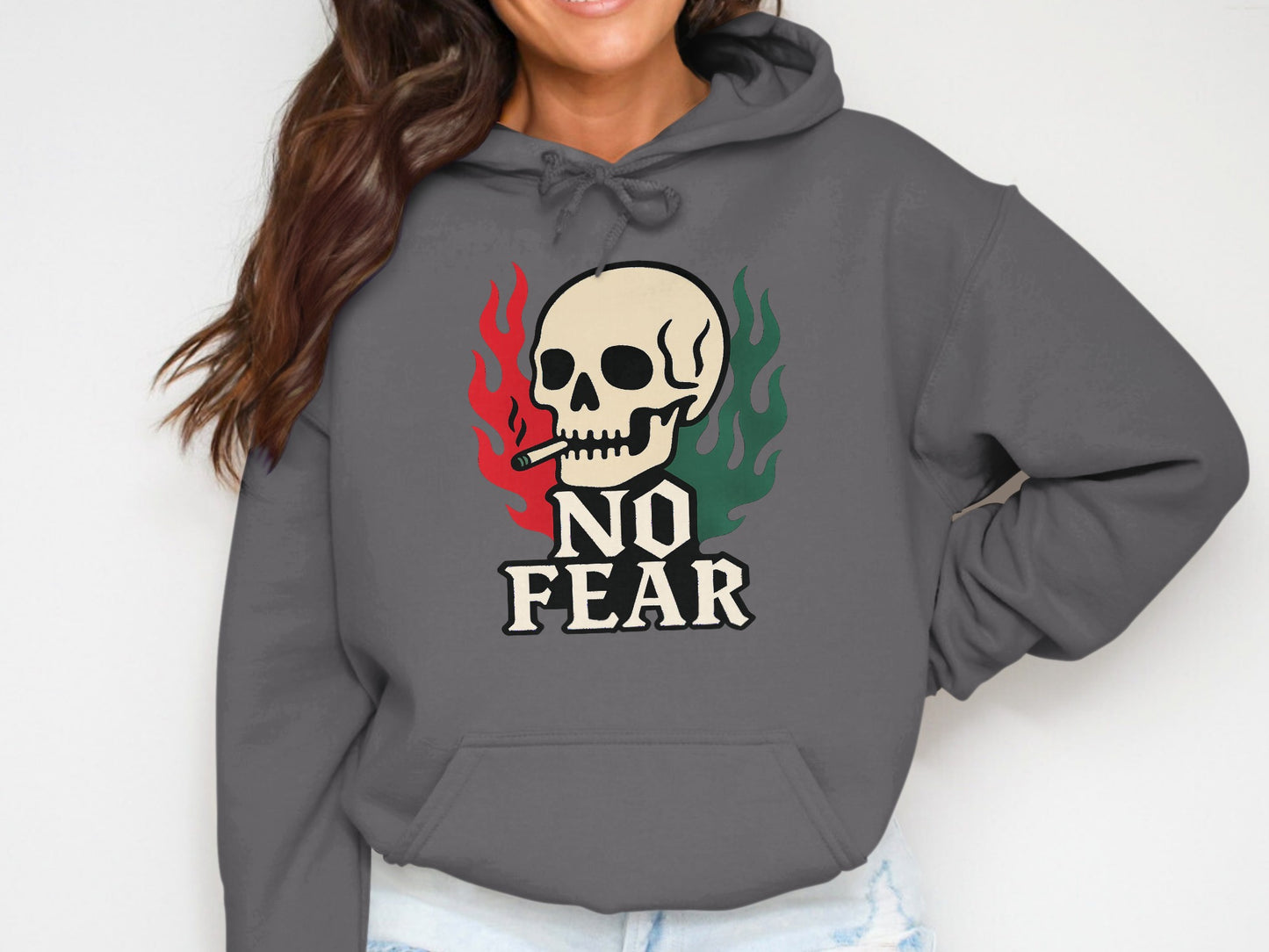 No Fear Skull Design on Gray Hooded Sweatshirt product type