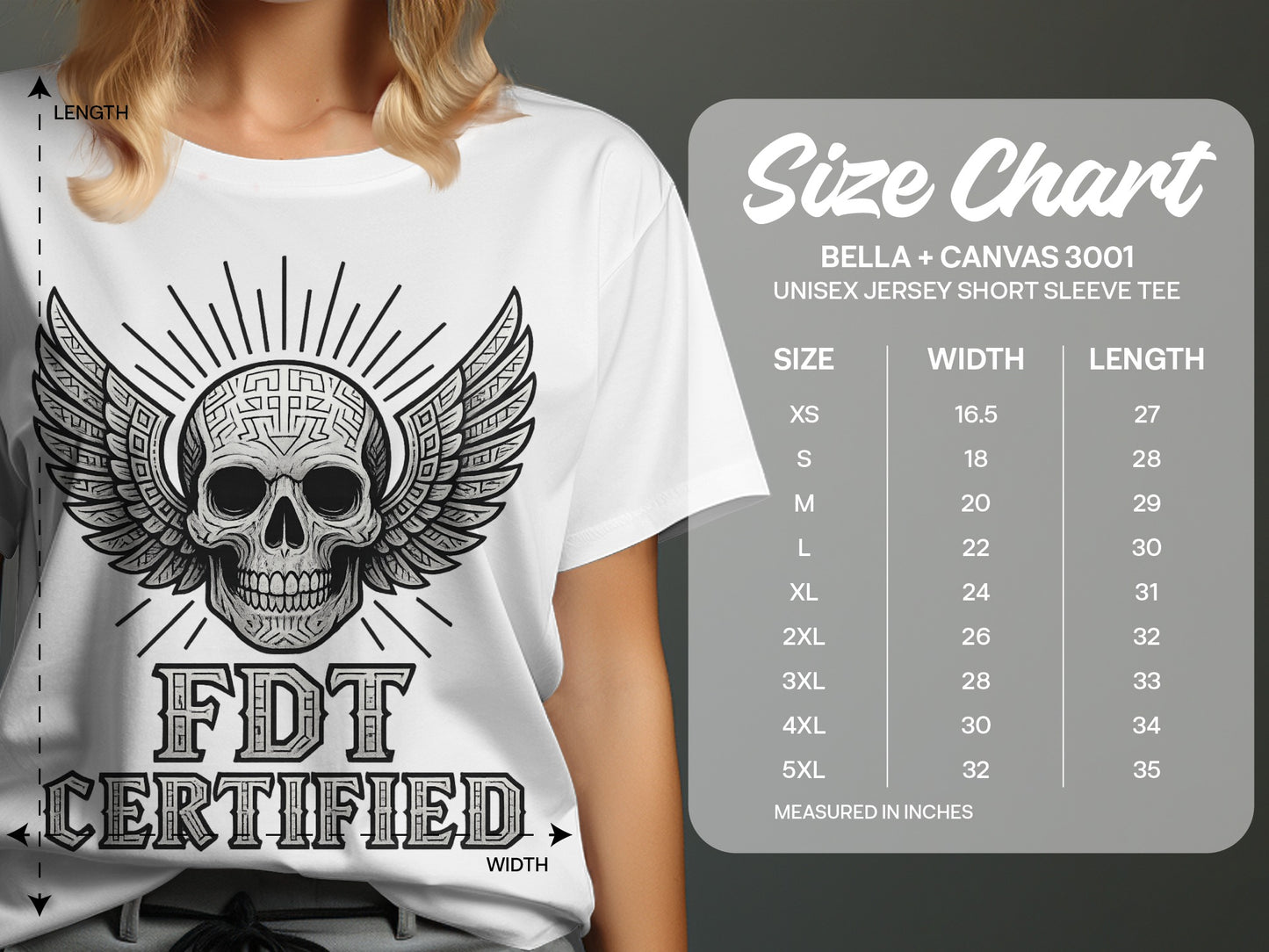 Skull Design FDT Certified Shirt with Size Chart