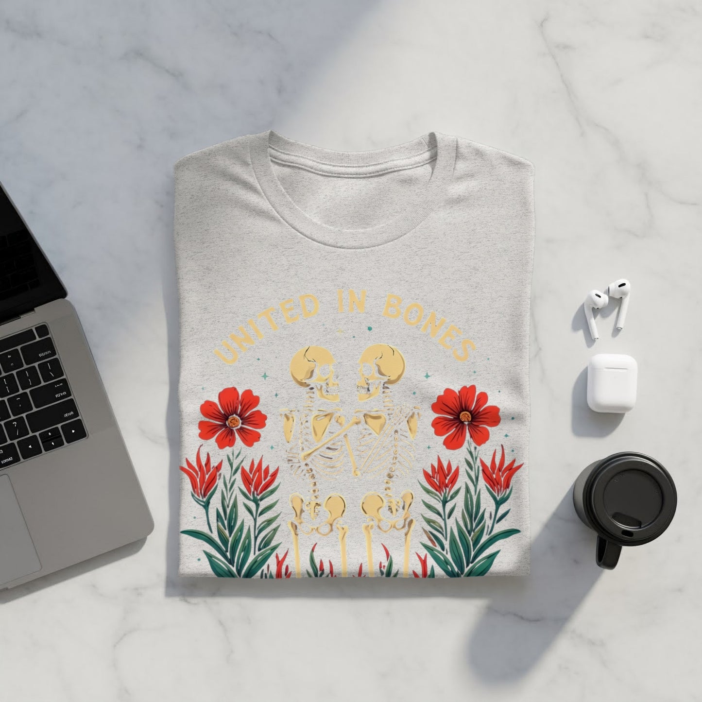 United in Bones Design with Flowers T-shirt product type