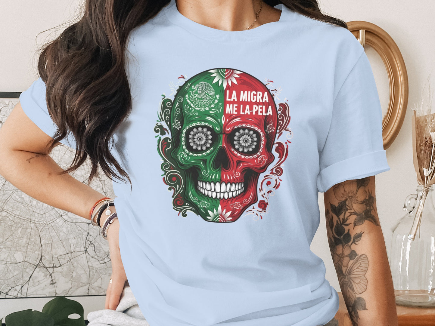 La Migra Me La Pela Mexican Skull Graphic T-shirt product type