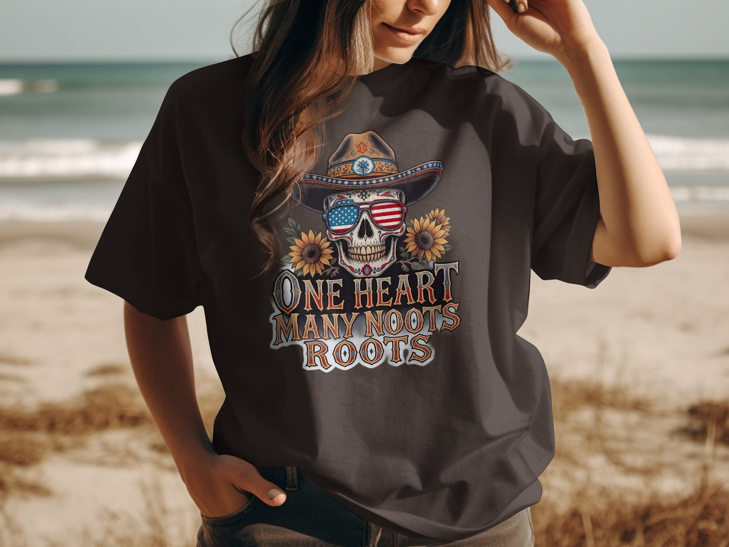 One Heart Many Roots Skull And Flowers Graphic T-shirt