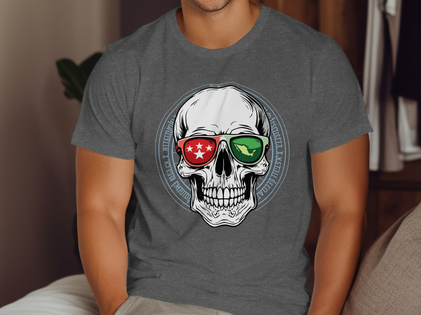 Skull with Red and Green Glasses Graphic Tee product type