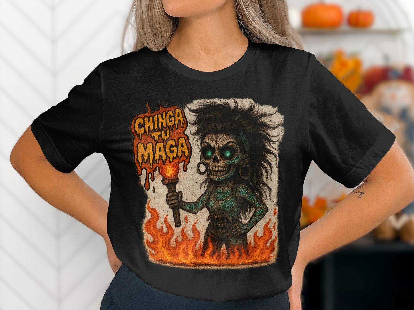 Chinga Tu Maga Skull Holding Torch Graphic TShirt product