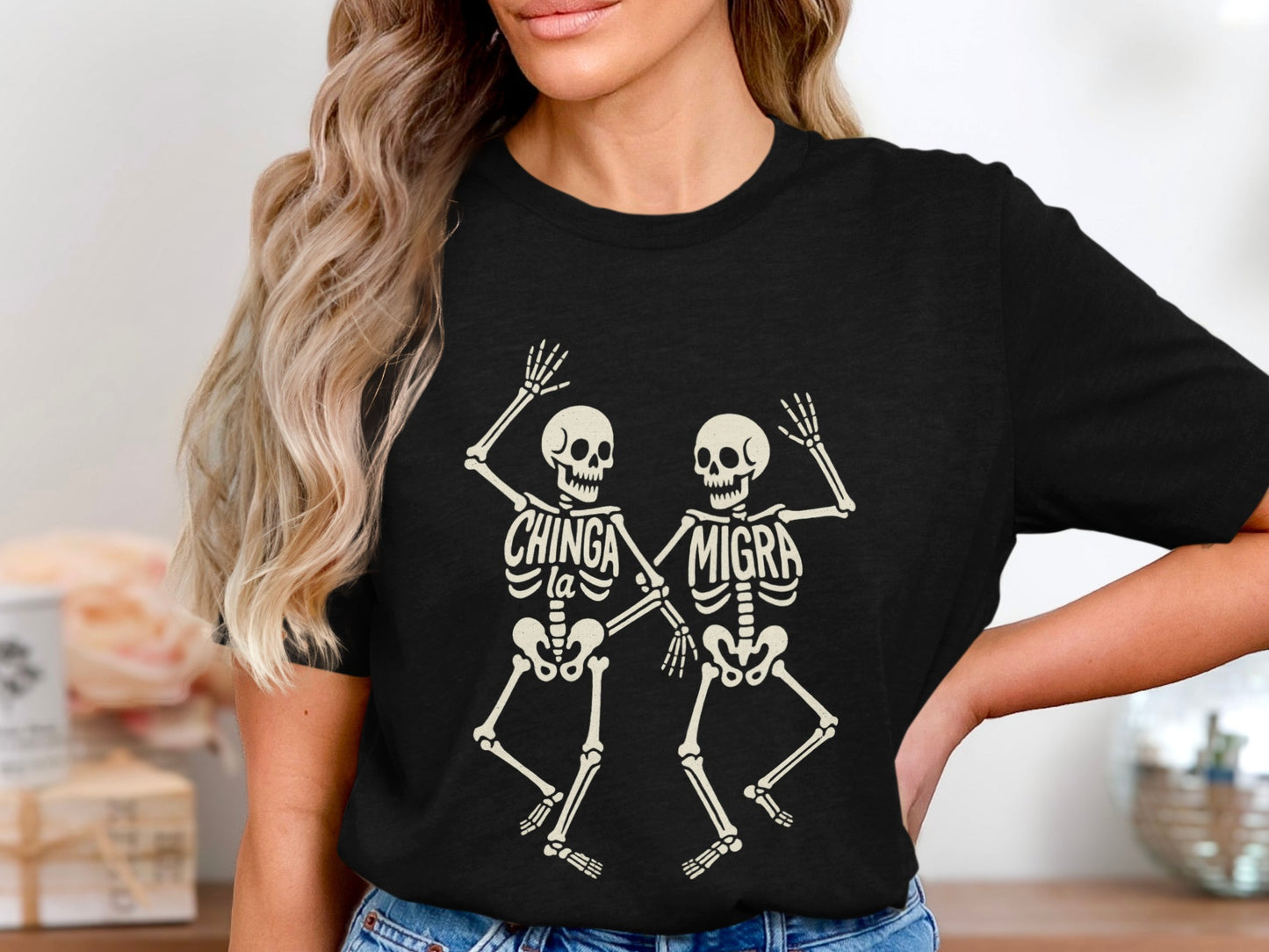 Funny Skeleton Design Chinga La Migra T-Shirt product