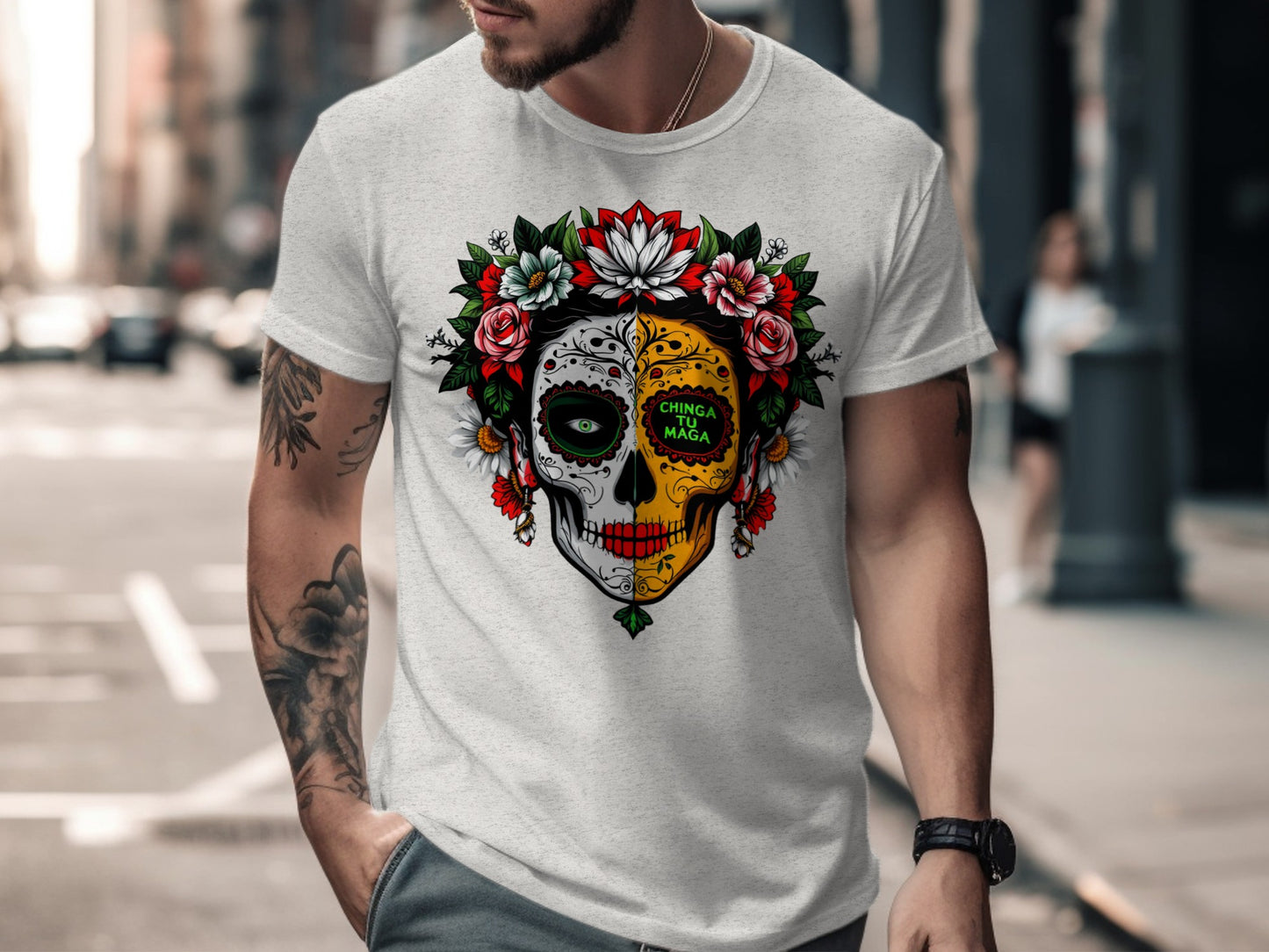 Colorful Sugar Skull Flower Graphic Tee Shirt product