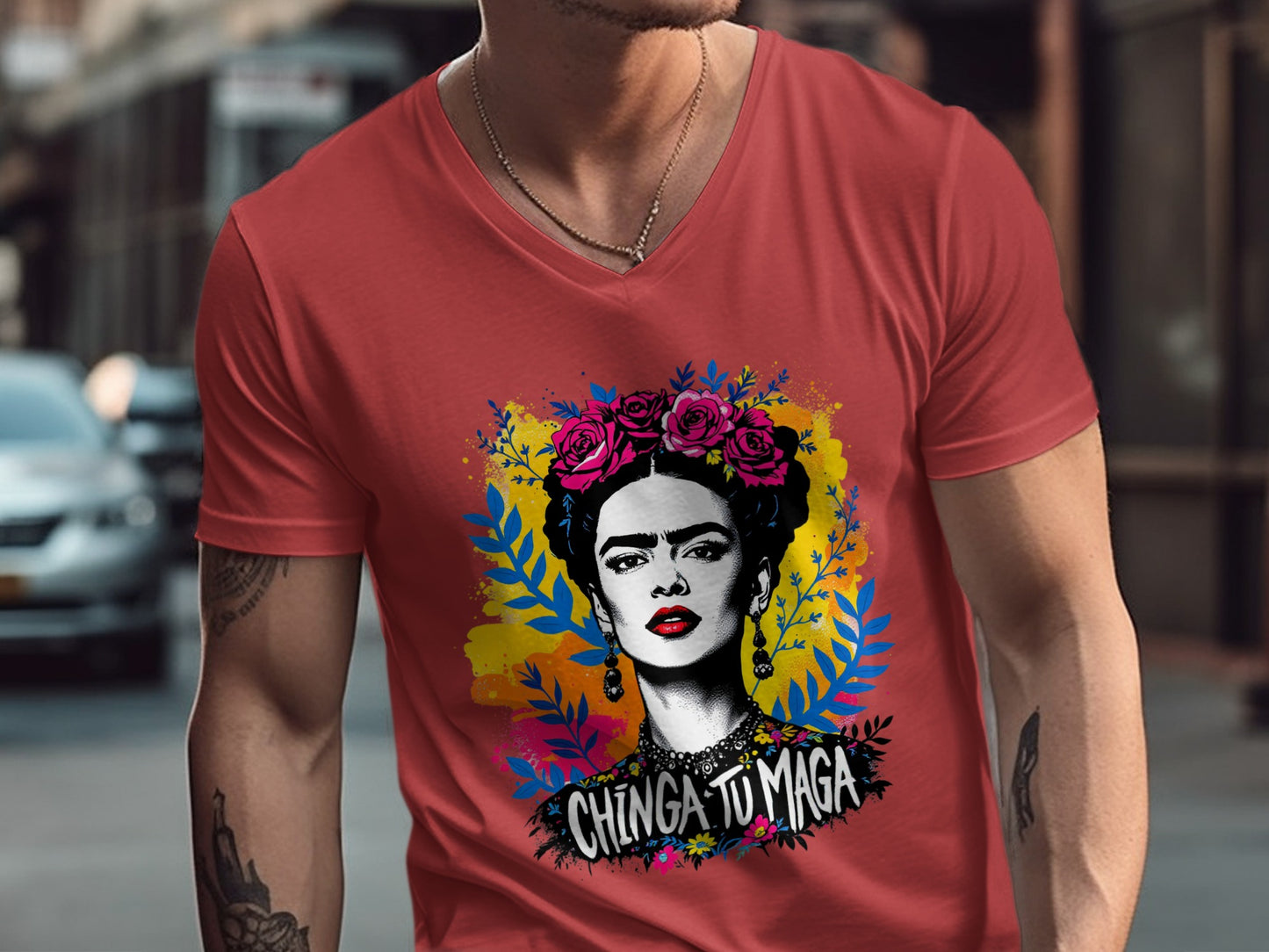 Vivid Frida Kahlo Inspired Graphic V-neck T-Shirt Design