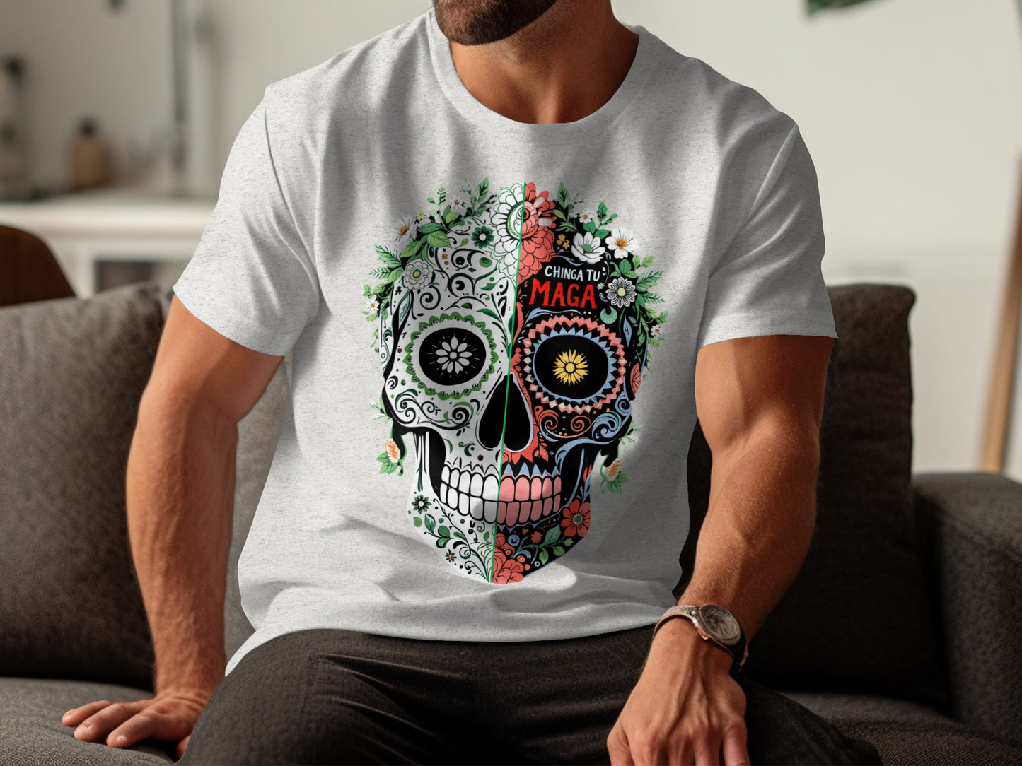 Decorative Sugar Skull Design Printed Shirt product