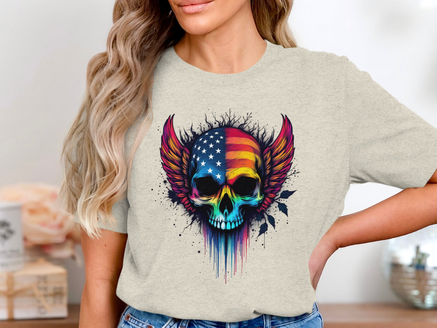 Patriotic Skull with Colorful Wings Graphic T-shirt product
