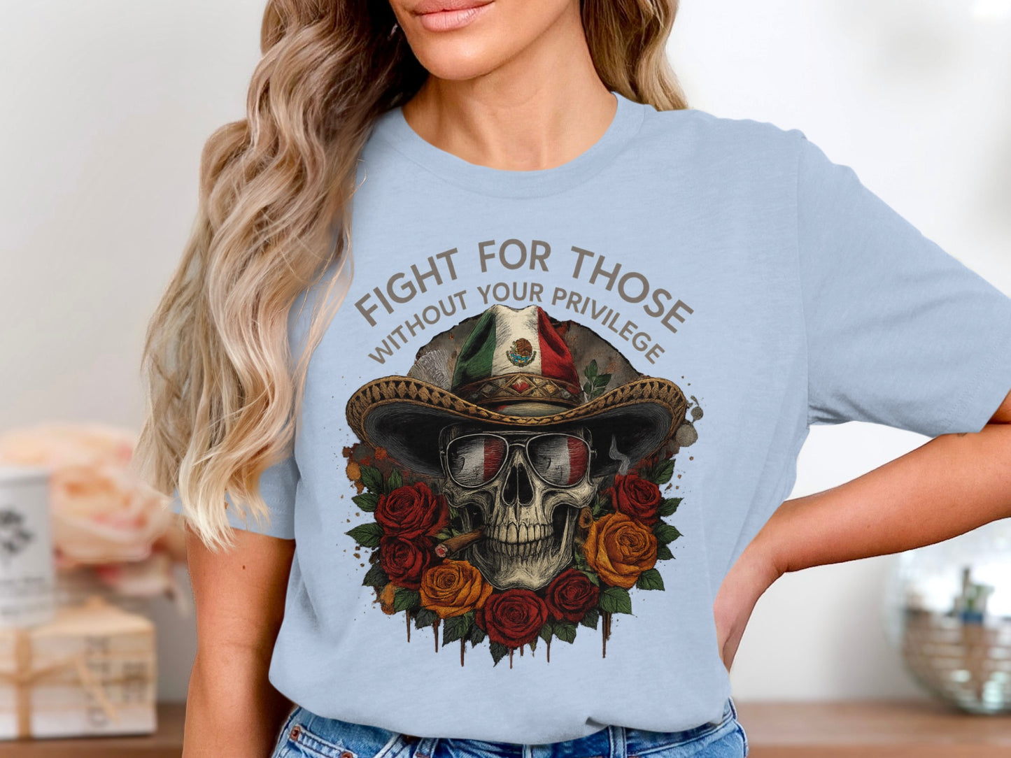 Skull with Roses Cowboy Hat Graphic T-Shirt product