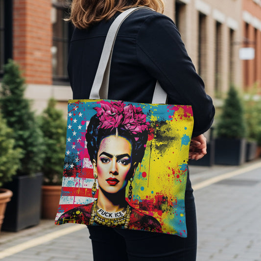 Tote bag featuring a colorful portrait of Frida Kahlo with an American flag background.