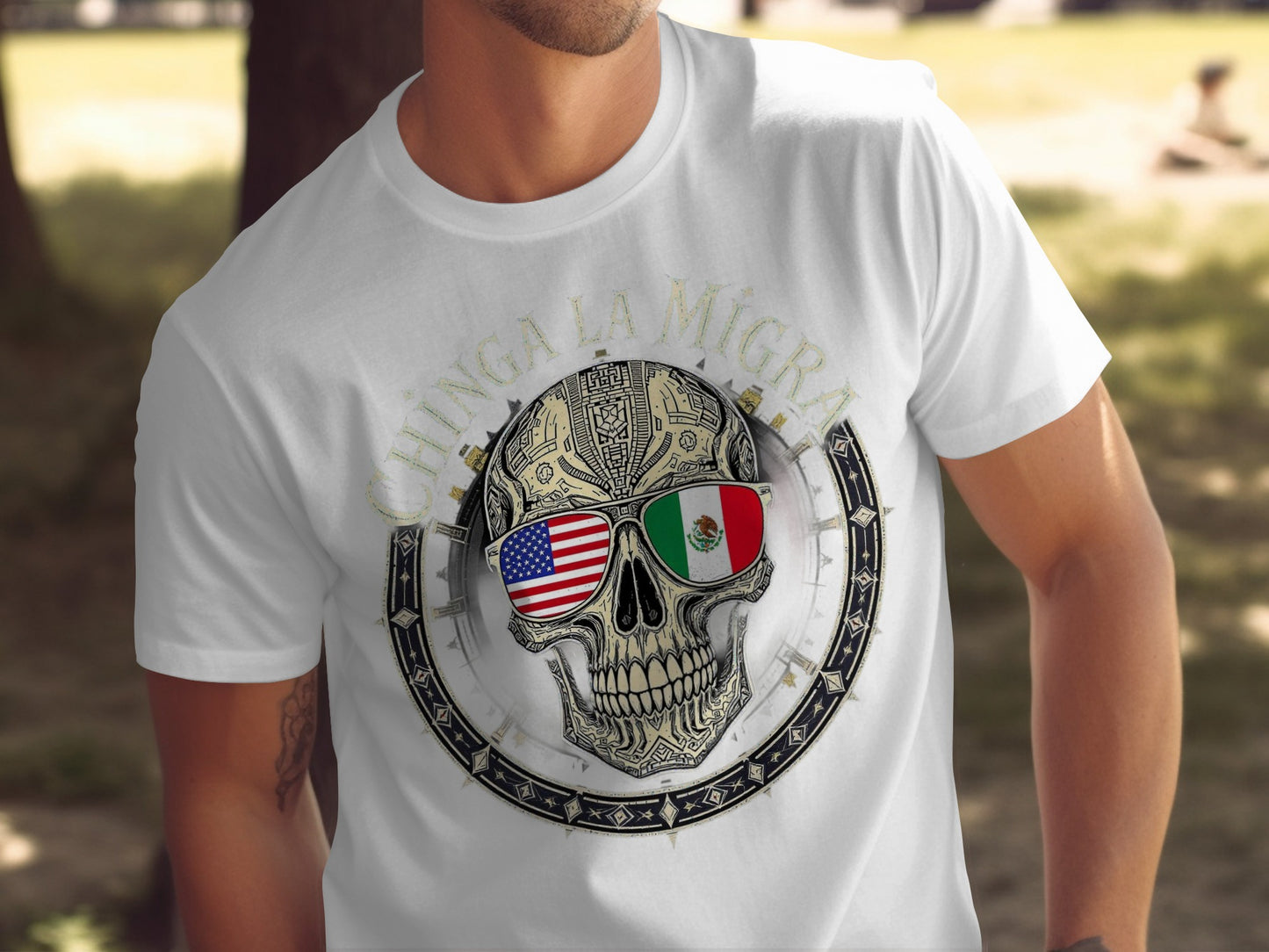 Chinga La Migra Skull with Flags Design T-shirt product