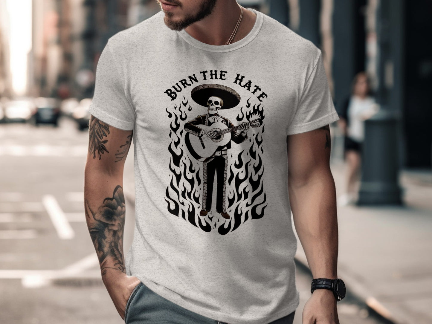 Burn The Hate Skull Guitarist Art Graphic T-Shirt product