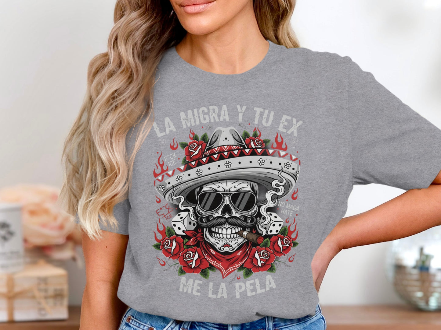 La Migra Y Tu Ex Me La Pela Skull Tee Shirt product type