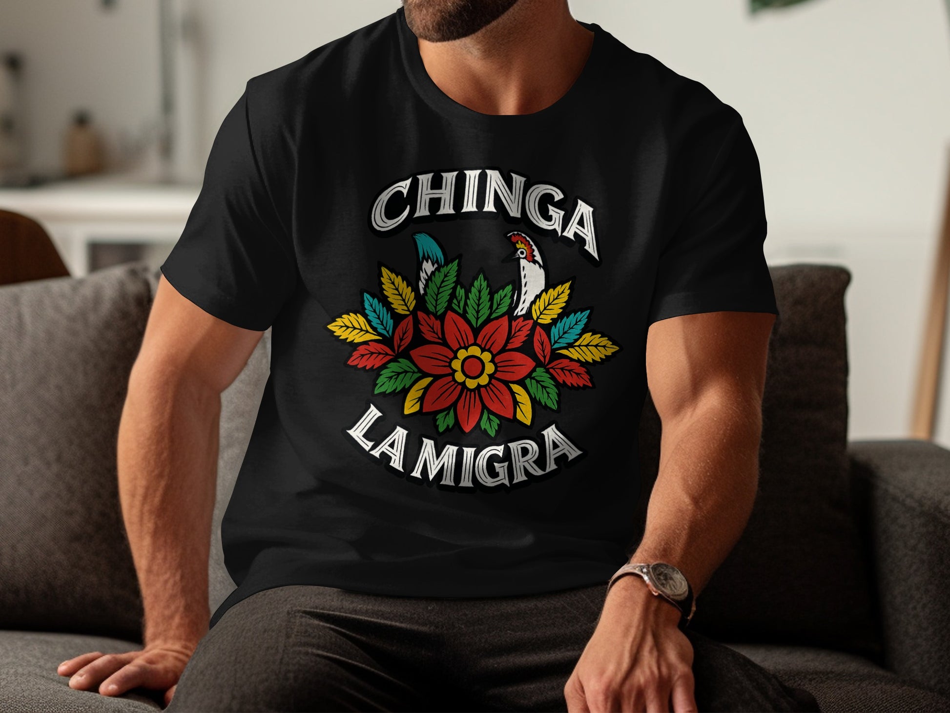 Chinga La Migra Vibrant Floral Pattern T-Shirt Product