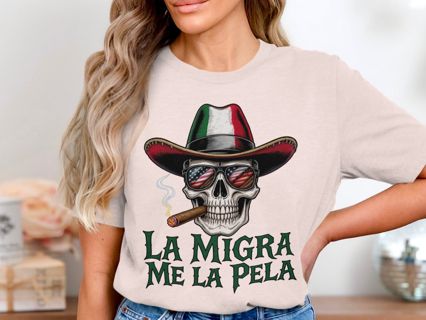 La Migra Me La Pela Skull Smoking Cigar Shirt product
