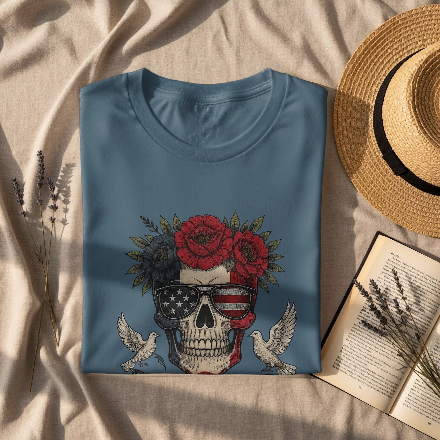 American Flag Skull and Roses Graphic Tee product