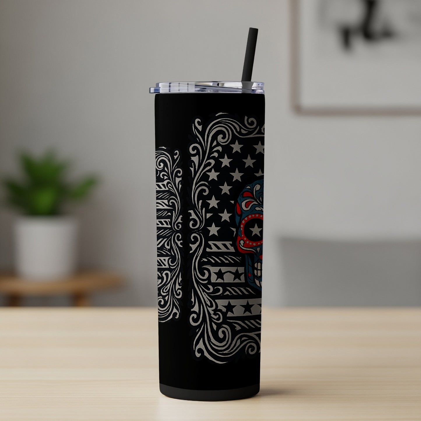 American Flag Skull Art on Black Tumbler Drinkware product type