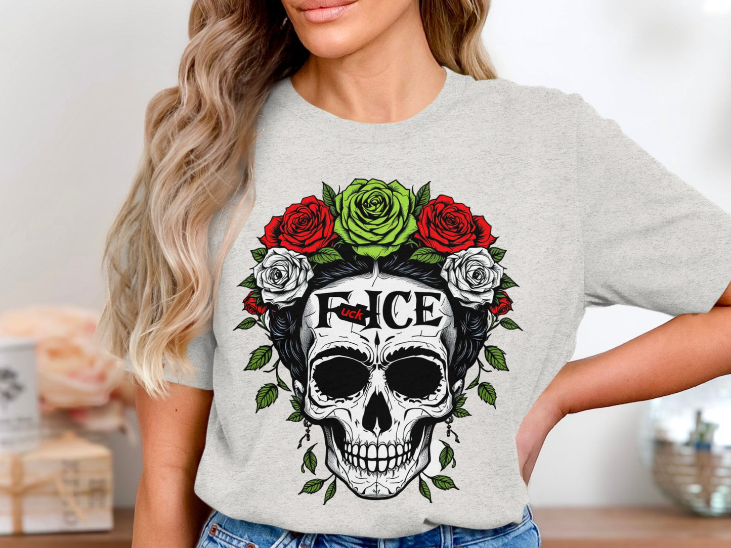 Fierce Skull with Roses Graphic Tee Shirt product